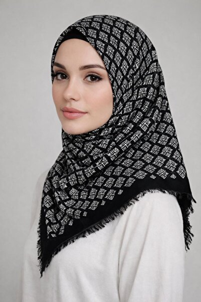 Sinem Eșarfă din bumbac imprimat - Negru / Alb-6292 - 11