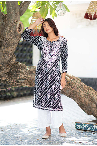 ZERE Black Rayon Bandhani Printed Kurta