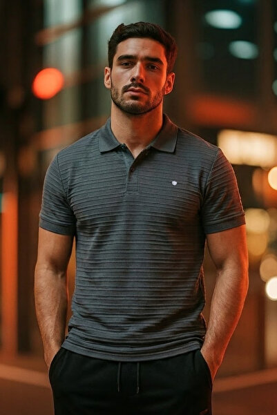 COMBİNE MİCHAİL Men's Short Sleeve Dark Gray Loose Polo Collar T-Shirt