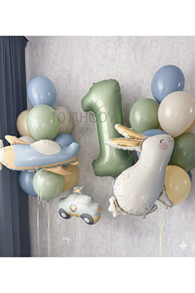 Çemrek Süs Parti Retro Airplane Police Car Rabbit Foil Balloon and Mint Numbe...
