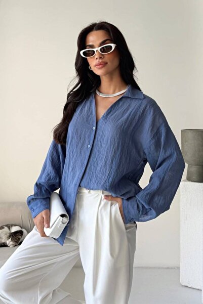 Potenza Women Shirt Long V-Neck Drapey Long Sleeve Textured Buttons Slim Shirt