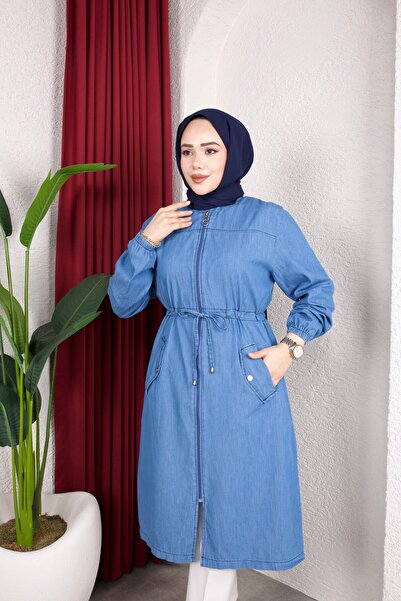 Rabia Zülal Beli Tünelli ve Cep Detaylı Kot tunik Mavi
