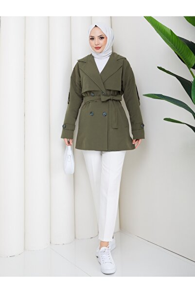 Zenyamoda Women's Khaki Linen Trench Coat with Buttoned Sleeves and Belt Detail