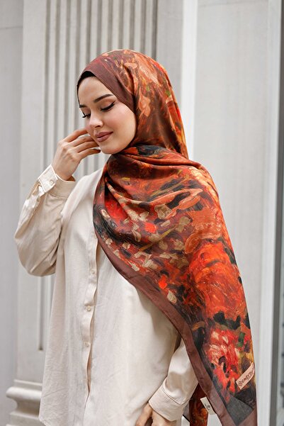 ipekistanbul %100 Organik Pamuk Şal - Ebruli Desen - Kahve Turuncu