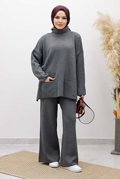 Tesettür Dünyası Double Pocketed Layer Knitwear Set Tsd260109 Smoked