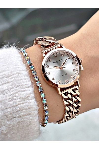 Ferrucci FERUCCİ GÜMÜŞ KADRANLI TAŞ RAKAMLI ROSE ZİNCİR KORDON KADIN METAL KO...