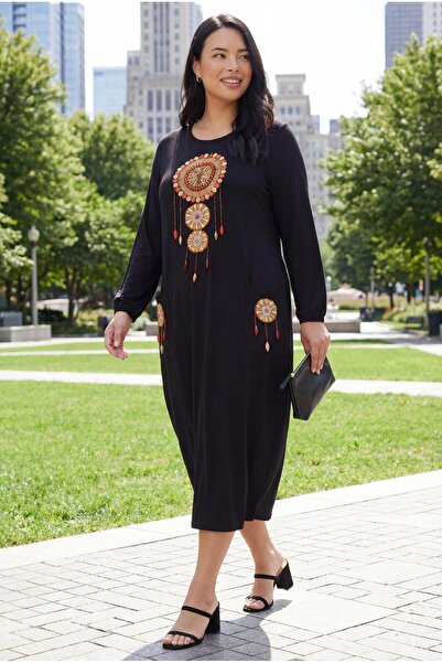 Ebsumu Women's Plus Size Embroidery Detail Pockets Long Sleeve Black Dress
