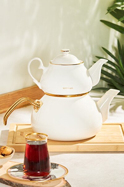 FeyzaDesign Şık Emaye ve Porselen Çaydanlık Takımı, Zarif ve İşlevsel Tasarım