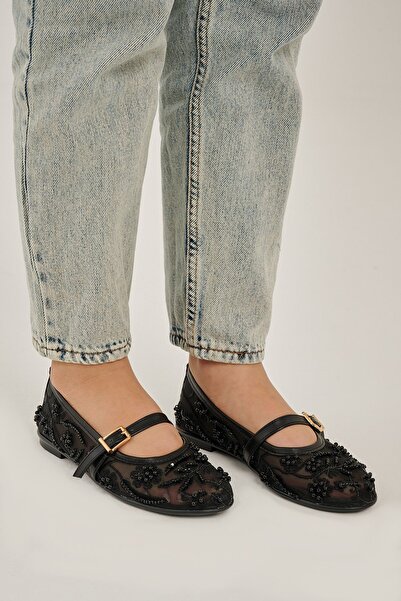 Modezya Sandra Black Patterned Belt Detail Oval Toe Women's Ballet Flats