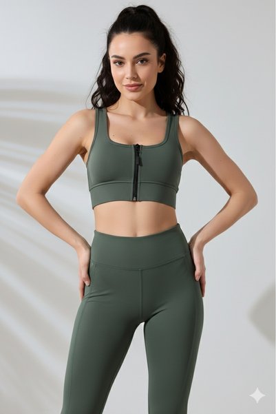 Derucce Khaki Padded Zippered Sports Bustier - Sports Bra / Cropped Supportive Sports Bra