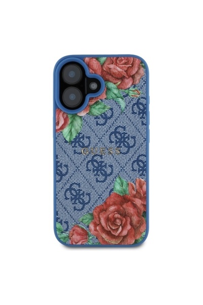 Guess Carcasă pentru iPhone 16, Hardcase 4G cu imprimeu floral MagSafe, albastră