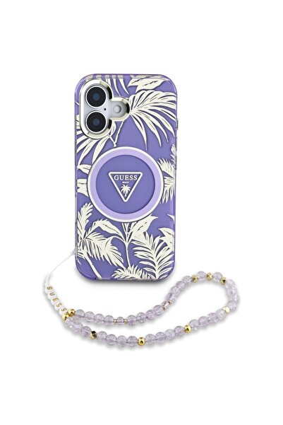 Guess Carcasă pentru iPhone 16, IML Palm Trees Triangle cu curea din perle Ma...