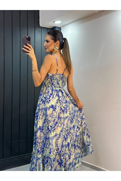 YNSGİYİM Yns Bohemi̇an Back Elastic Patterned Dress Bohem Authentic