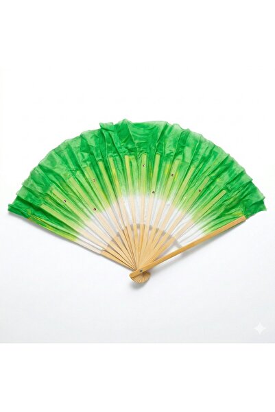 Ceyyiz Yeşil Kumaş Bambu Yelpaze - 45 cm Katlanabilir Büyük Boy