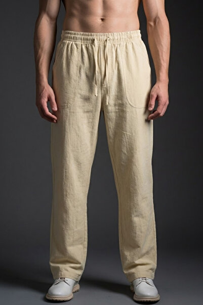 COMBİNE MİCHAİL Men's Casual Wide-Leg Cream Linen Pants