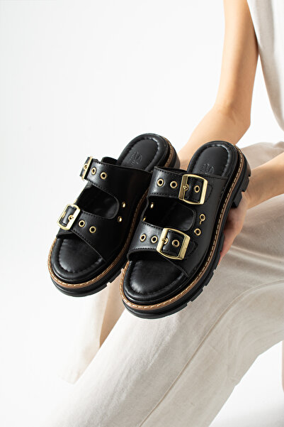 dabab shoes Raviela Women's Black Double Strapped Buckled Toothed Thick Sole ...