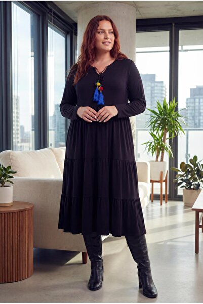 Ebsumu Women's Plus Size Colorful Pompom Long Sleeve Blue-Black Dress