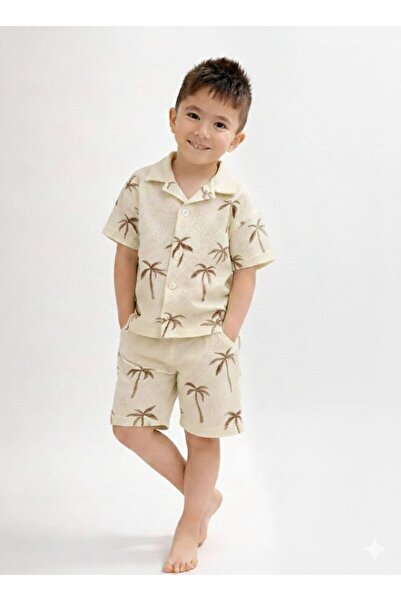 YİGİT BUTİK Set de vară pentru băieți, cămașă și pantaloni scurți din țesătur...