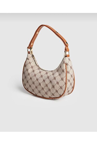 Marka Vintage Esintili Monogram Desenli Baget Kol Çantası - Taba Detaylı