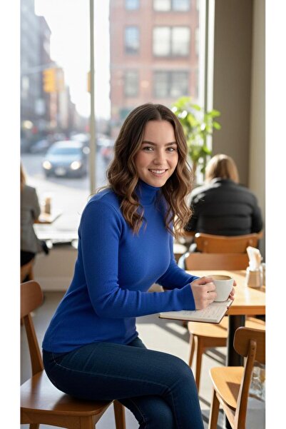 THEBEK Women's Turtleneck Long Sleeve Knitted Blue