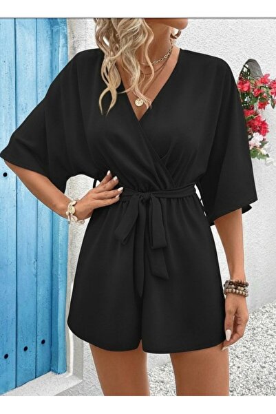 MODA Fashion kısa kollu kruvaze yaka belden kuşaklı trend tulum