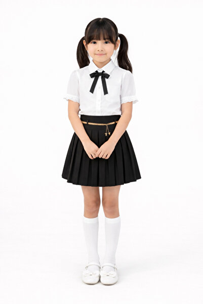 Nacar Kız Çocuk Fiyonklu Beyaz Gömlek Pileli Etek Gösteri Takım 23 Nisan 29 E...