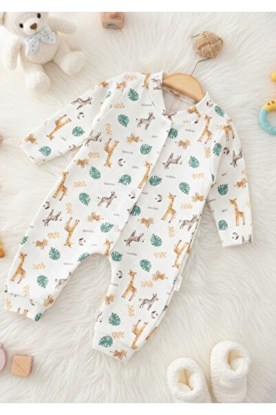 Soweto Unisex Baby Giraffe and Leaf Patterned Corded Fabric Jumpsuit - Safari...