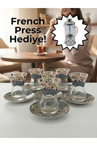 AiroBazar Topkapı Tea Set for 6 Persons, French Press Gift, 9 Different Ottom...