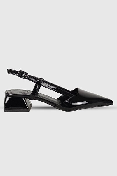 Modezya Vanessa Black Patent Leather Back Buckle Pointed Toe Heeled Shoes