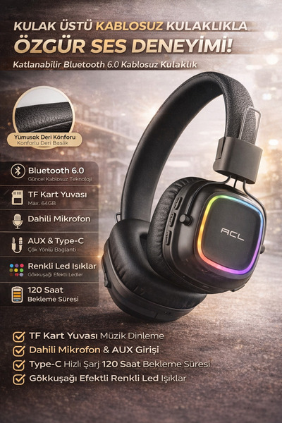 CROW'S TECH RGB Işıklı Kablosuz 6.0 Bluetooth Kulak Üstü Kulaklık | Müzik, Oy...