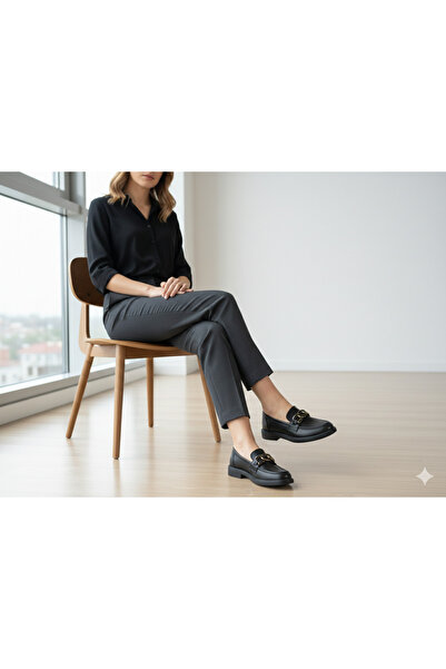 oflamaz Pantofi de damă loafers balerini Negru piele detaliu cu lanț Potriviț...