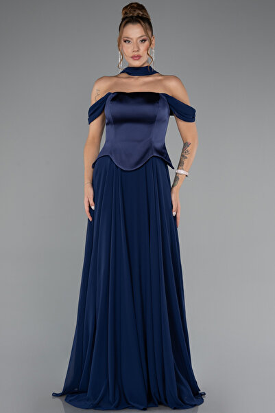 Abiyefon Lacivert Saten Kayık Yaka Uzun Şifon Büyük Beden Abiye ABU5551