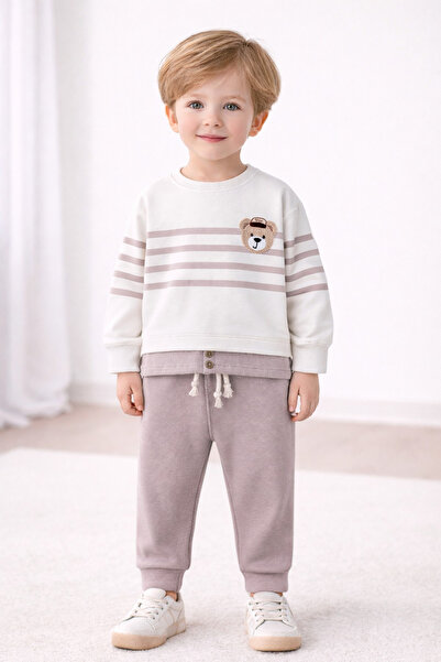 dinamik çocuk Erkek Çocuk Çizgili Ayıcık Nakışlı Alt Üst 2li Eşofman Takımı–2...