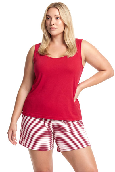 Akbeniz Women's Plus Size Striped Pocket Shorts Pajama Set - Red