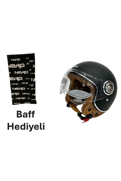 Nero TK06 ÇENESİZ YARIM KASK MAT SİYAH (L) + BAFF HEDİYELİ