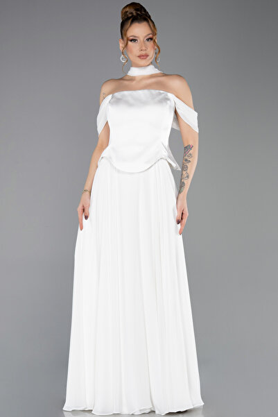 Abiyefon Ekru Saten Kayık Yaka Uzun Şifon Büyük Beden Abiye ABU5551