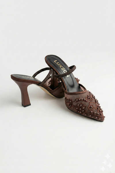 LUXEON Women's Brown Tulle Mesh Bead Embroidered Stiletto Open Back Evening D...