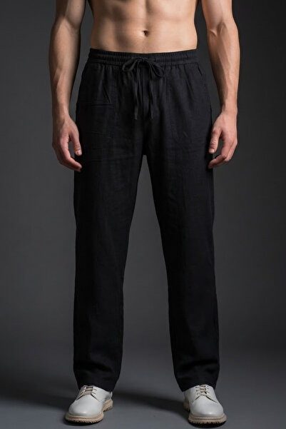 COMBİNE MİCHAİL Men's Casual Wide-Leg Black Linen Pants