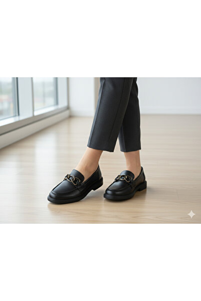 oflamaz Women's Shoes Loafers Leather Chain Detail Suitable for Daily Wear