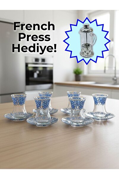 AiroBazar Topkapı Tea Set for 6 Persons, French Press Gift, 9 Different Ottom...