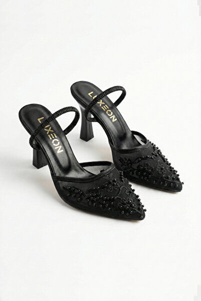 LUXEON Women's Black Tulle Mesh Bead Embroidered Stiletto Open Back Evening D...