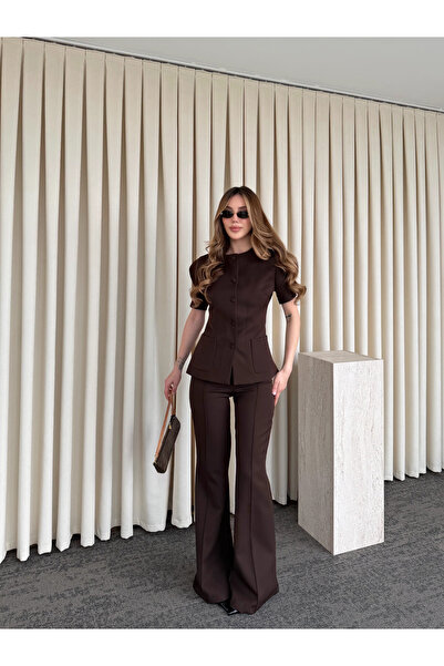 Laluvia Brown Balloon Sleeve Buttoned Jacket and Trousers Set - 0440