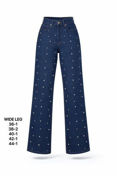 Miss Poem Women's Navy Blue Stone Detailed High Waist Wide Leg Jean Trousers