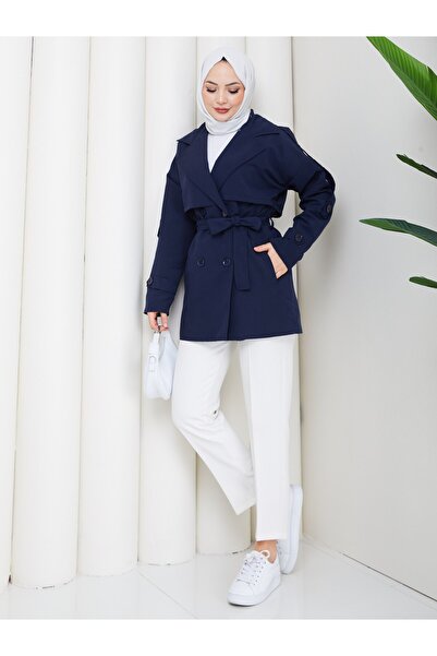 Zenyamoda Women's Linen Navy Blue Trench Coat with Buttoned Sleeves and Belt ...