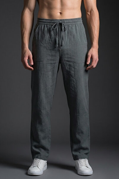 COMBİNE MİCHAİL Men's Casual Wide-Leg Khaki Linen Trousers