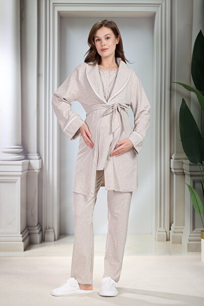 Lohusa Homewear New Season Beige Melange Shawl Collar Short Sleeve 100% Cotto...