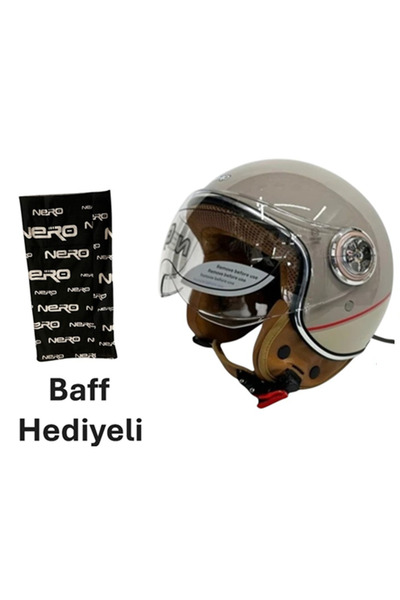 Nero TK06 ÇENESİZ YARIM KASK BEJ - KREM (XL) + BAFF HEDİYELİ