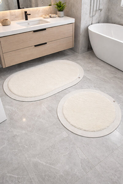 FSN HOME FSN Beyaz Krem Hasır Kenarlı Jüt Kaymaz Taban Lüks Banyo Klozet Takımı