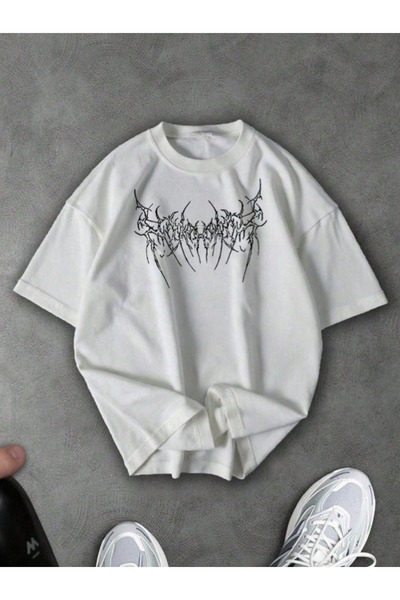 Revasser Unisex Women/Men Geo Special Printed Oversized Combed Cotton Crew Ne...