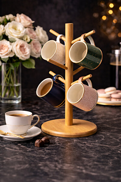 ARVALE Bambu Fincan Askılığı 6’lı – Yuvarlak Tabanlı Kahve Kupası Standı